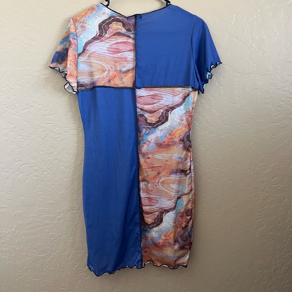 PrettyLittleThing MultiMarble Contrast Seam Block Short Sleeve Bodycon Dress Sz8 - Picture 2 of 6